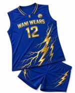 Custom women's volleyball uniform jersey close-up with gold V-neck trim and lightning bolt print