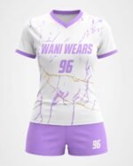 Custom women’s white and purple volleyball uniform set with V-neck jersey and matching shorts