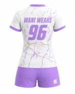 Custom white and purple volleyball jersey front logo and number detail