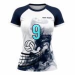 Front view of white and navy custom women’s volleyball jersey