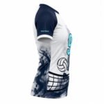 Front view of white and navy custom women’s volleyball jersey