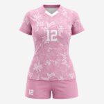 Front view of custom pink women’s volleyball jersey and shorts set