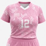 Close-up of sublimated women’s volleyball uniform with custom team number 12