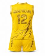 Back view of yellow women’s volleyball jersey and shorts with number 12