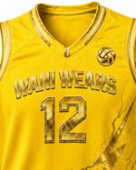 Close-up of yellow custom women’s volleyball jersey with gold V-neck and number 12
