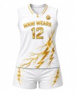 Custom women’s white and gold sleeveless volleyball uniform set with jersey and shorts