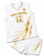 Custom women’s white and gold sleeveless volleyball uniform set with jersey and shorts
