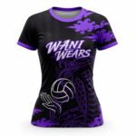 Custom women’s black and purple sublimated volleyball jersey with short sleeves