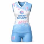 Custom women’s volleyball uniform set with blue shorts and sublimated sleeveless jersey