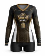 Custom women’s black and gold long-sleeve volleyball uniform set with jersey and shorts