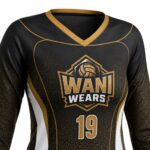 Custom black and gold long-sleeve volleyball jersey V-neck and team logo detail