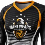 Custom black and gold long-sleeve volleyball jersey V-neck and team logo detail