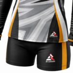 Women’s black volleyball shorts with gold sublimated side panel