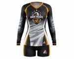 Custom women’s black and gold long-sleeve volleyball uniform set with jersey and shorts