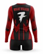 Red and black women’s volleyball uniform set three-quarter front view