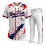 Custom baseball uniform with white full-button jersey and matching pants
