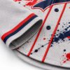 Front view of sublimated custom baseball jersey with red and navy graphics