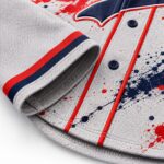Front view of sublimated custom baseball jersey with red and navy graphics