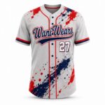 Front view of sublimated custom baseball jersey with red and navy graphics