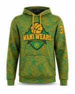 Front view of custom basketball hoodie with team logo and yellow drawcords