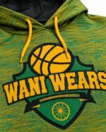 Close-up of green and gold custom basketball hoodie with team logo
