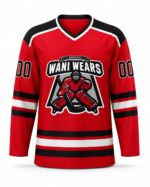 Red embroidered ice hockey jersey front view