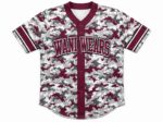 Custom Full Button Baseball Jerseys maroon camouflage front view