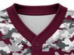 Custom baseball jersey collar buttons and stitching close-up