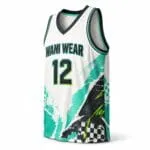 Custom basketball jersey side view with teal black sublimation graphics