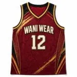 Custom basketball jersey front view WANI WEAR number 12 burgundy black gold
