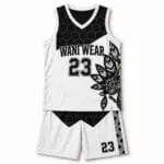 Front view of custom sublimated basketball jersey and shorts set with number 23