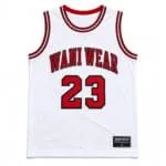 Custom white basketball jersey front view with WANI WEAR lettering and number 23