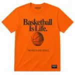Orange custom basketball T-shirt front view with graphic print