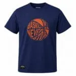 Custom navy basketball T-shirt front view with orange ball graphic