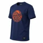 Custom navy basketball T-shirt with orange graphic side view