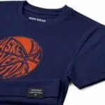 Custom navy basketball T-shirt fabric collar and stitching detail