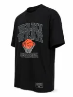 Black oversized basketball graphic T-shirt side-angle view