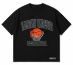 Custom black oversized basketball T-shirt with orange hoop graphic