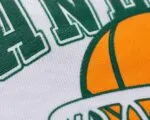Custom white basketball T-shirt green orange print close-up