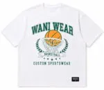 Custom white basketball T-shirt front view with hoop graphic