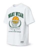 Custom white basketball T-shirt with green varsity graphic side view