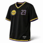 Black:** custom V-neck basketball jersey side-angle view