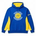 Close-up of a custom blue and yellow basketball hoodie with drawcord and reinforced stitching