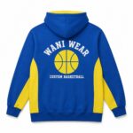 Custom blue basketball hoodie back view with yellow basketball logo and Wani Wear branding