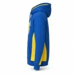 Side view of a custom blue and yellow basketball hoodie with contrast panels