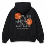 Custom black basketball hoodie back view with orange and white Wani Wear graphics