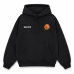 Custom black basketball hoodie front view with orange logo and oversized fit