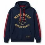 Custom navy blue basketball hoodie front view with gold logo and red drawstrings