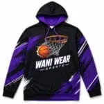 Custom black and purple basketball hoodie front view with team logo