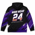 Personalized basketball hoodie back view with team name and player number 24